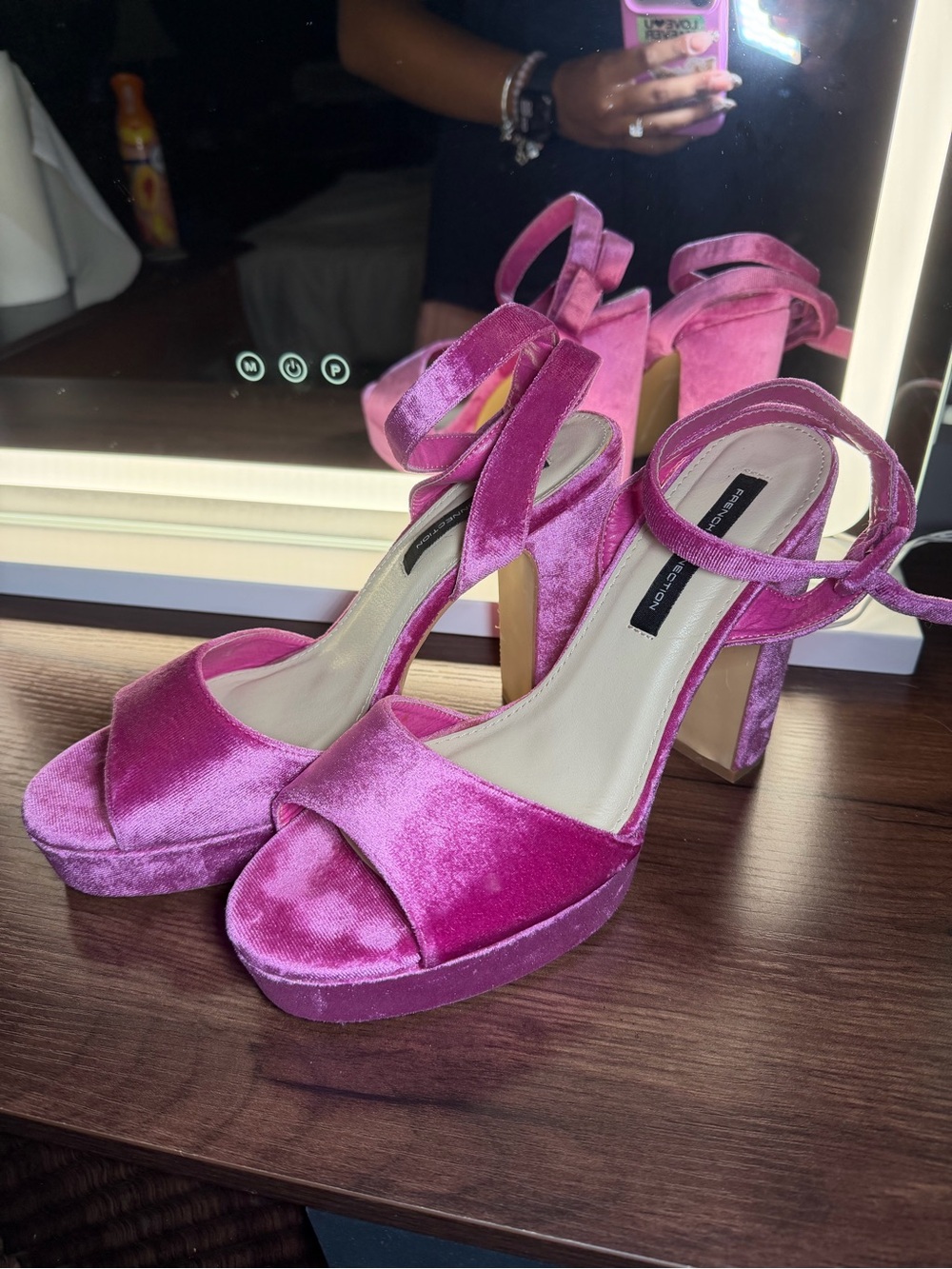 French Connection Pink Velvet Platform Block Heel Sandals